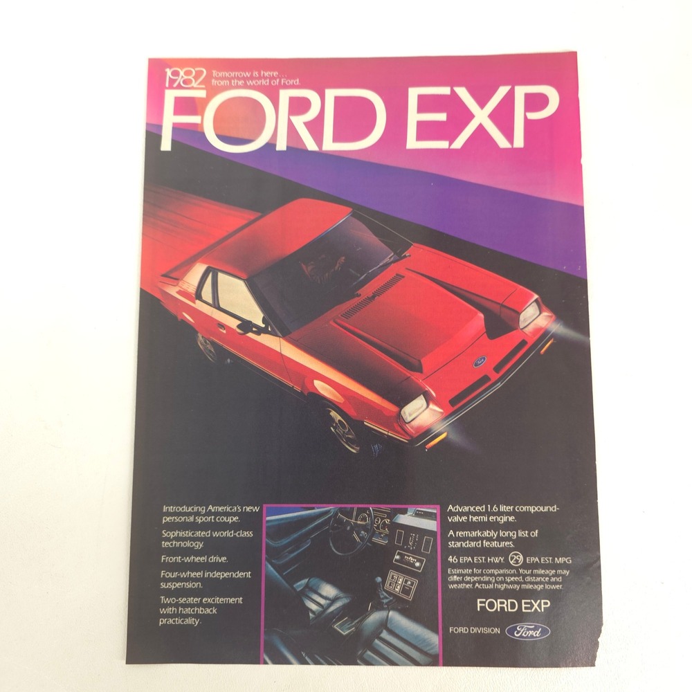 1982 Ford EXP Print Ad Sport Coupe Hatchback Vintage Decor Garage Wall Art Promo